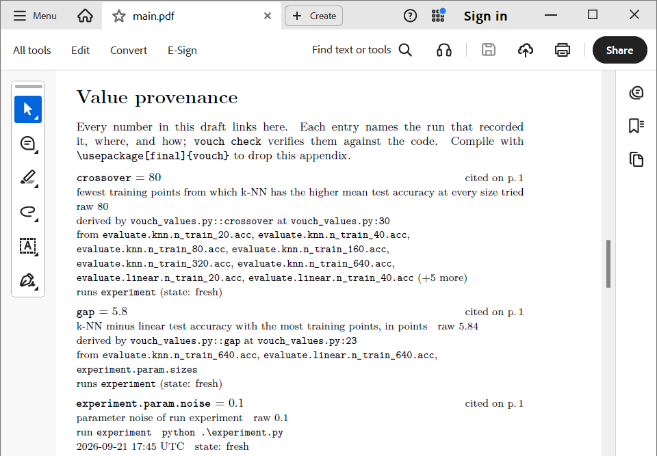 The Value provenance appendix entry for one cited number
