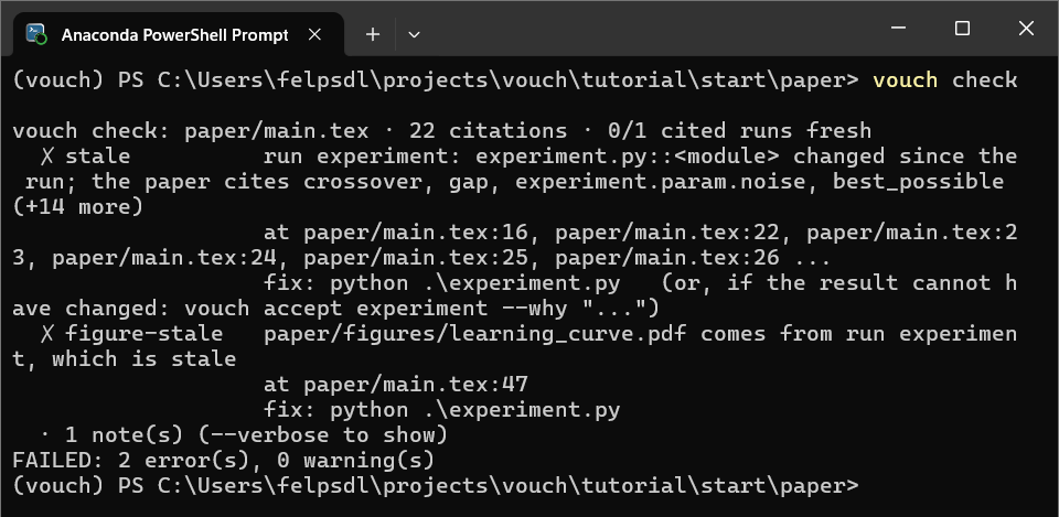 vouch check failing after a code change, with stale runs and false claims